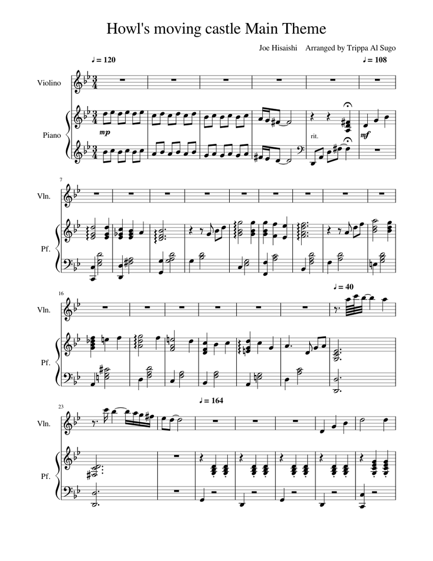 Howl s moving castle Main Theme Sheet music for Piano, Violin (Solo