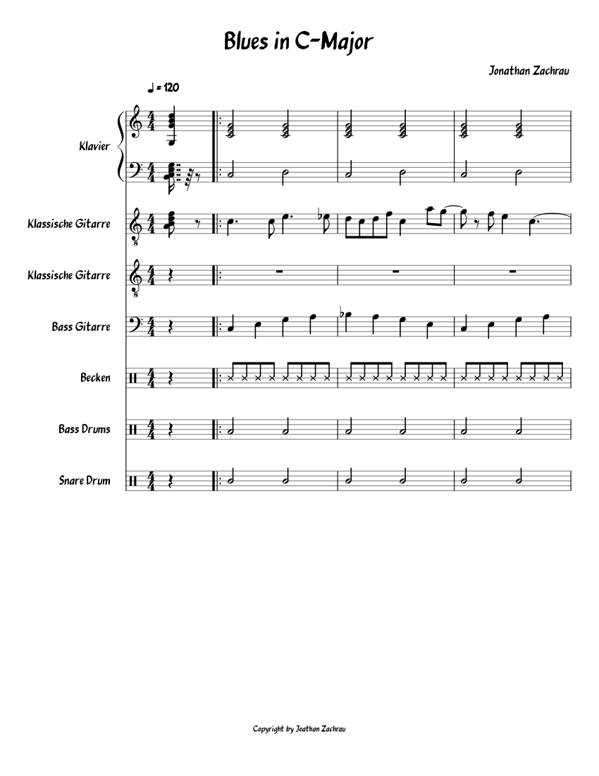 Blues in C Major Sheet music for Piano, Snare Drum, Bass Drum, Guitar ...