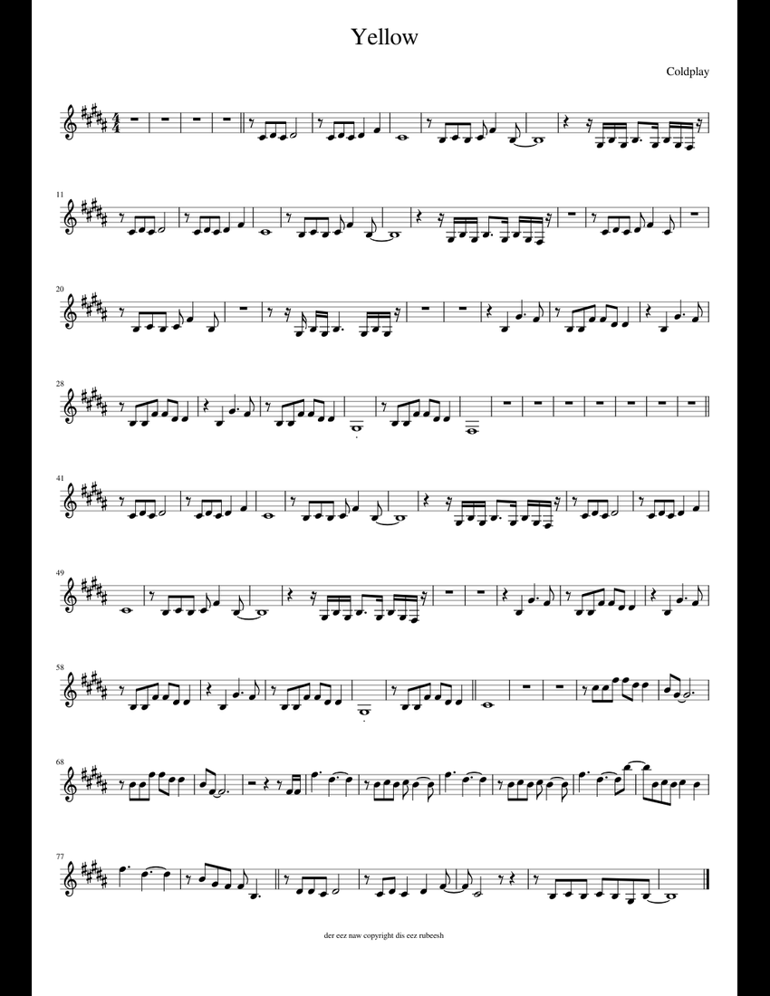Yellow by Coldplay sheet music for Piano download free in PDF or MIDI