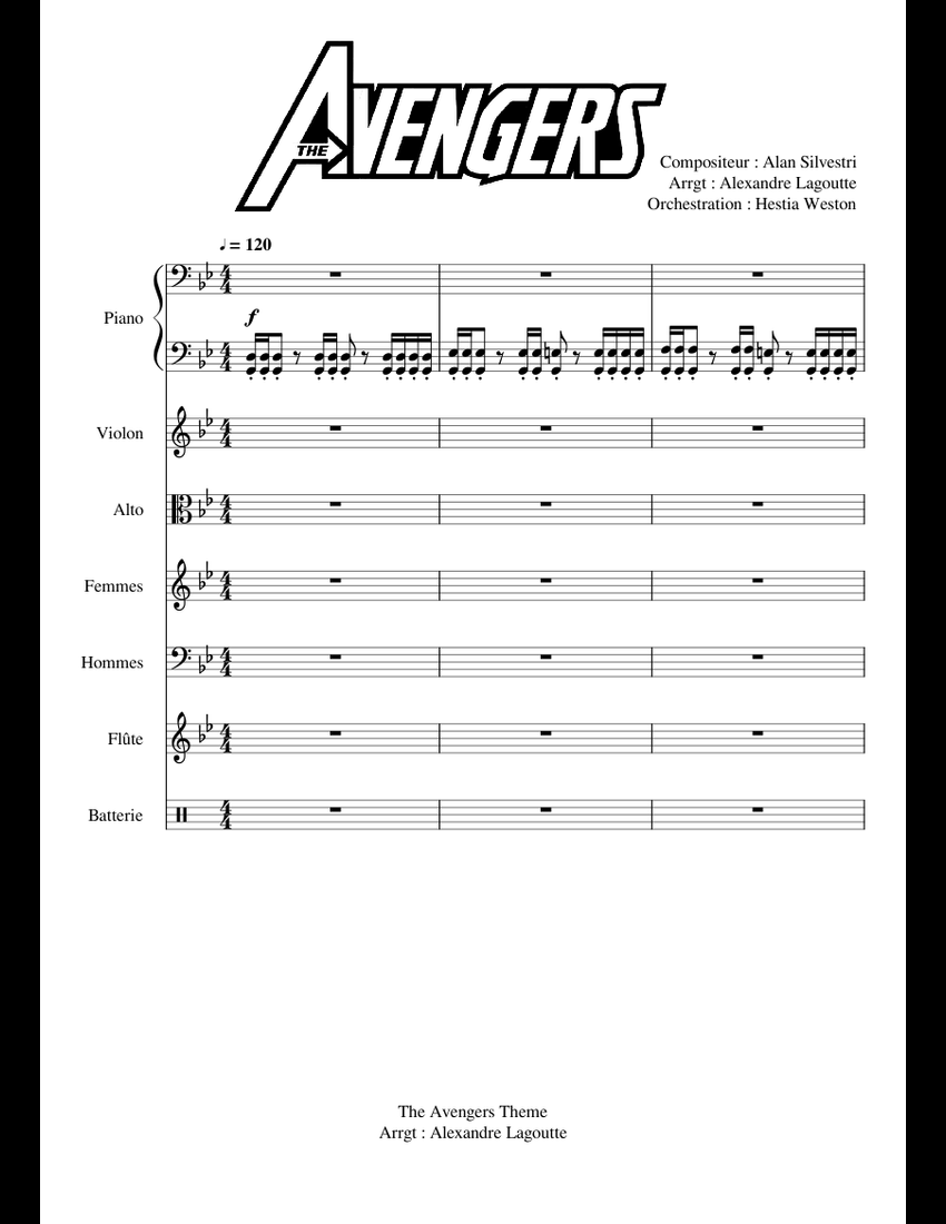 The Avengers Theme orchestral sheet music for Piano, Violin, Flute