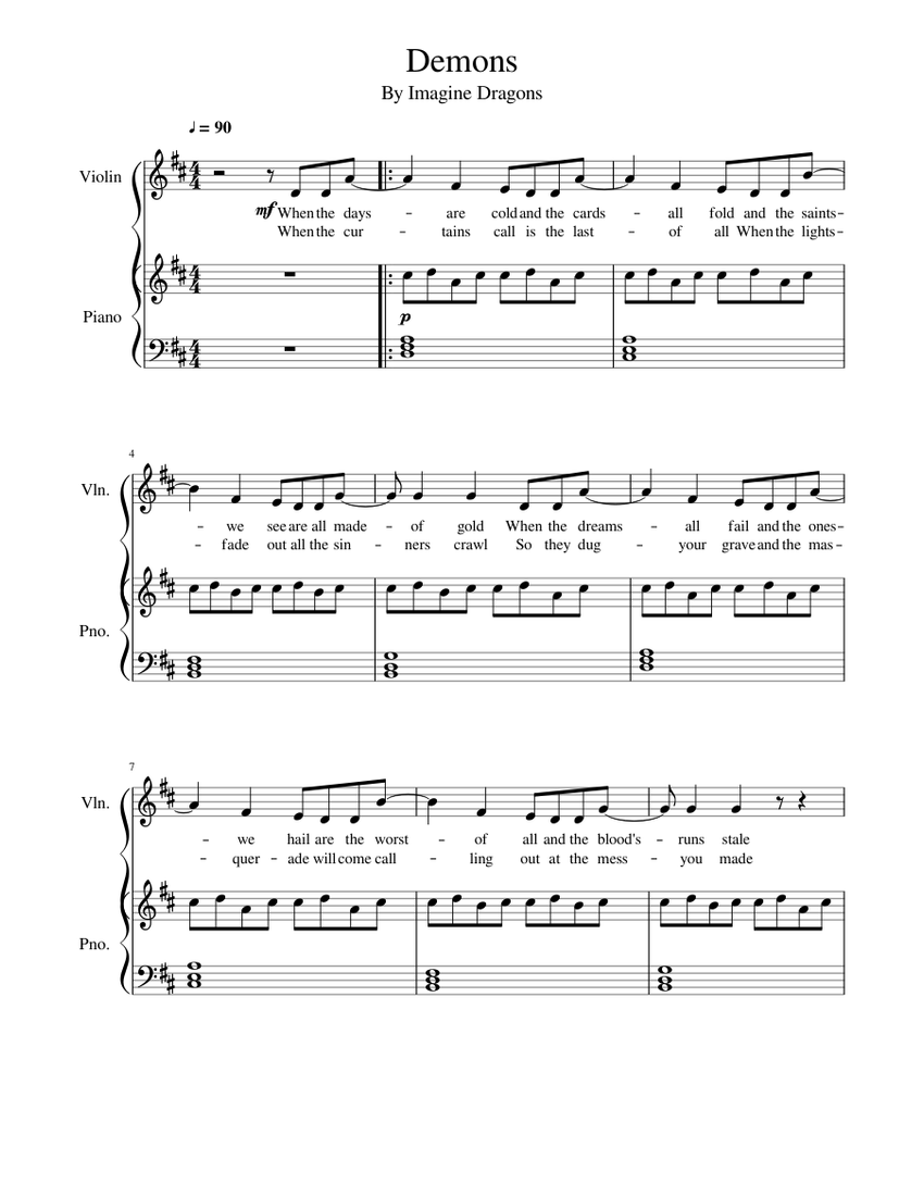 Demons By Imagine Dragons Sheet music for Piano, Violin (Solo