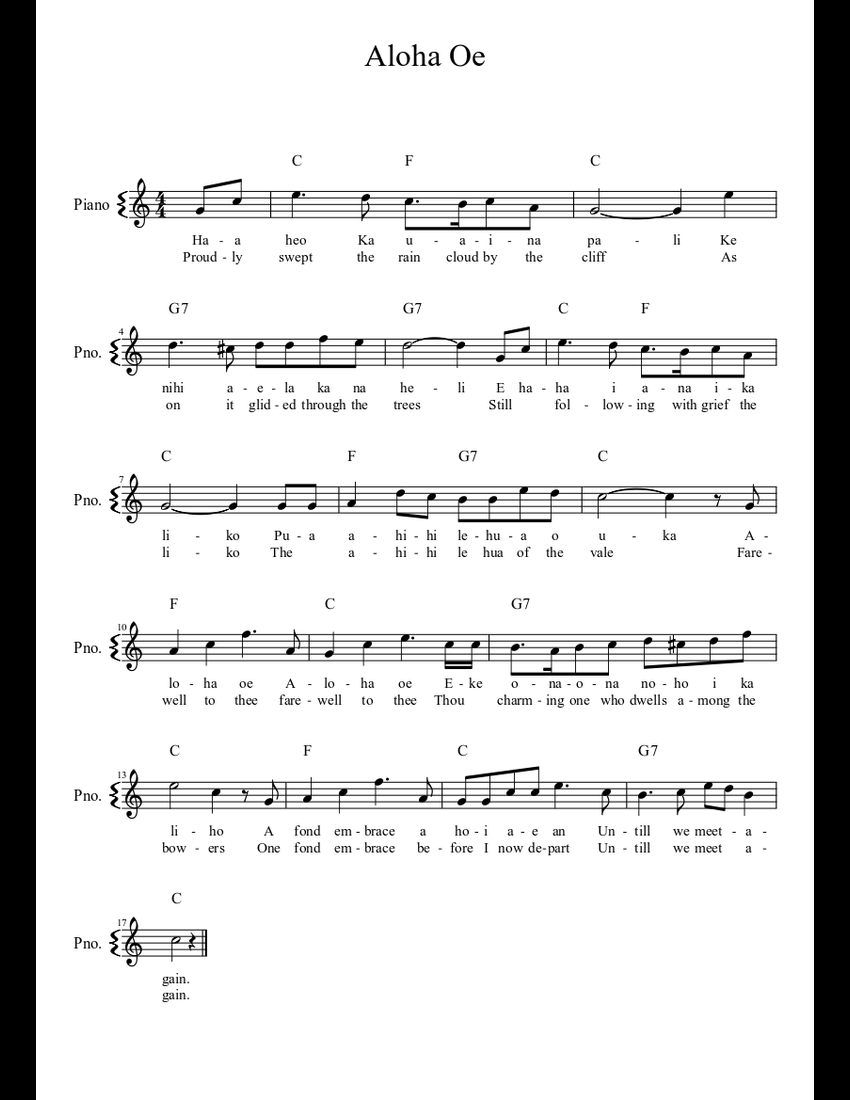 Aloha Oe sheet music download free in PDF or MIDI
