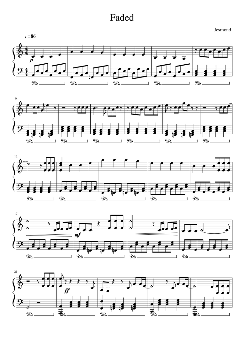 Faded In C Major Sheet Music For Piano Download Free In Pdf Or
