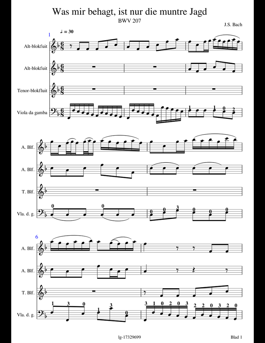 Bach J.S. Was Mir behagt ist nur die muntre Jagd sheet music for