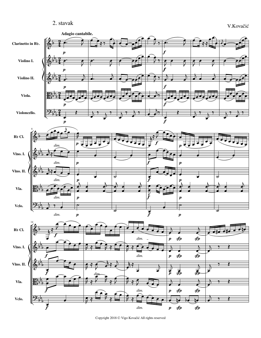 V.Kovačić Quintet in B flat major 2nd movement sheet music