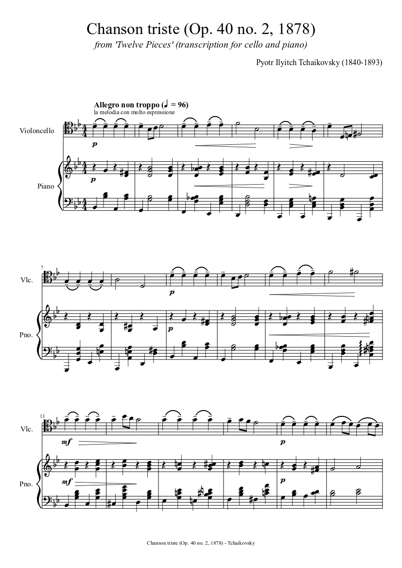 Tchaikovsky Chanson triste (for piano and cello) sheet music download