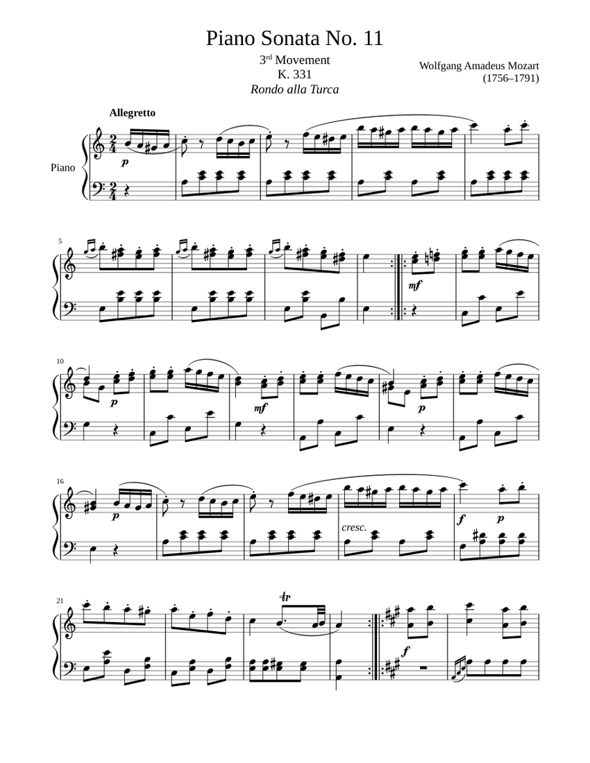 Piano Sonata No. 11 K. 331 3rd Movement, “Rondo alla Turca” Sheet music