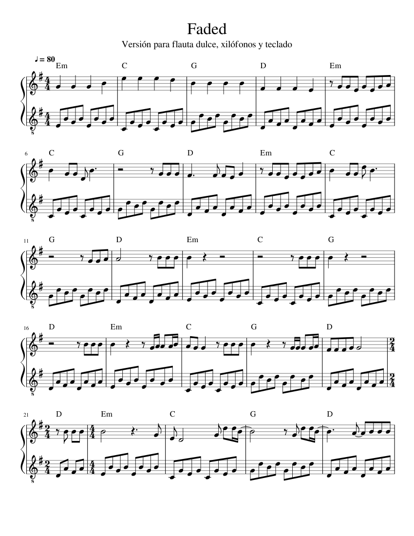 Faded Versio n flauta xil teclado sheet music for Piano ...