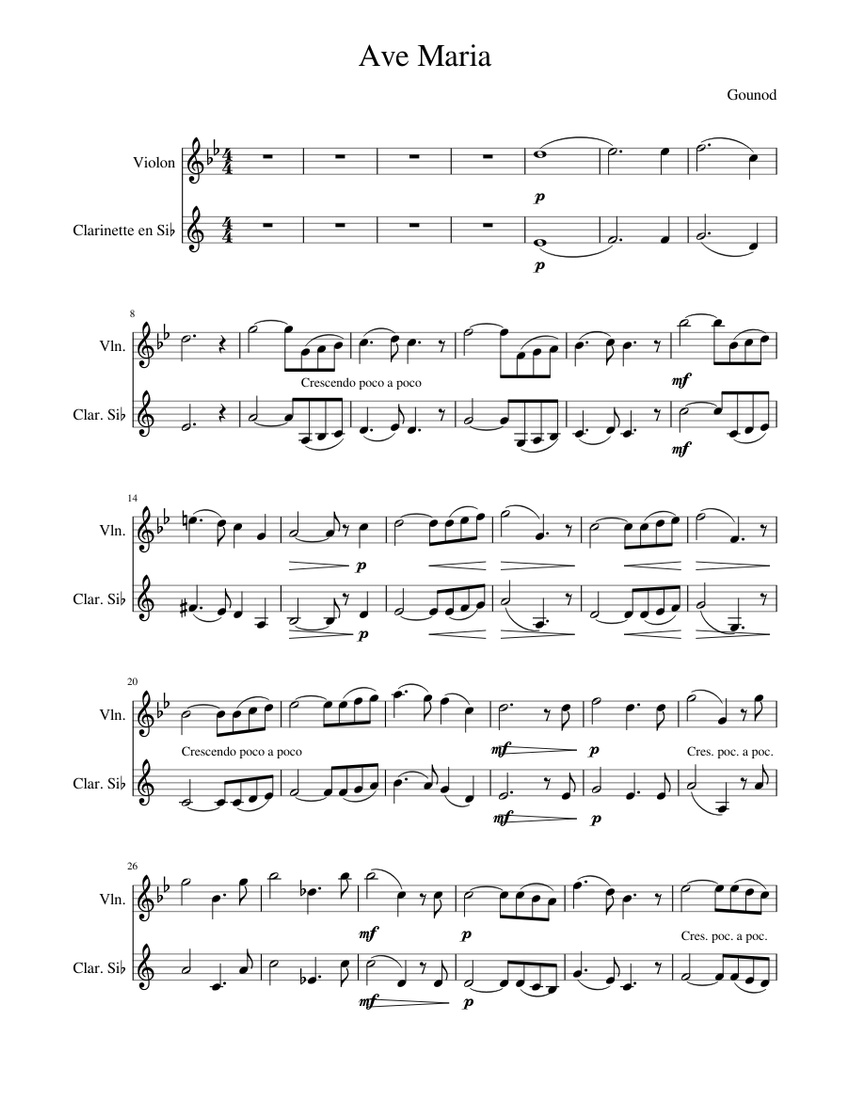 Ave Maria de Gounod Sheet music for Violin, Clarinet (In B Flat) (Mixed ...