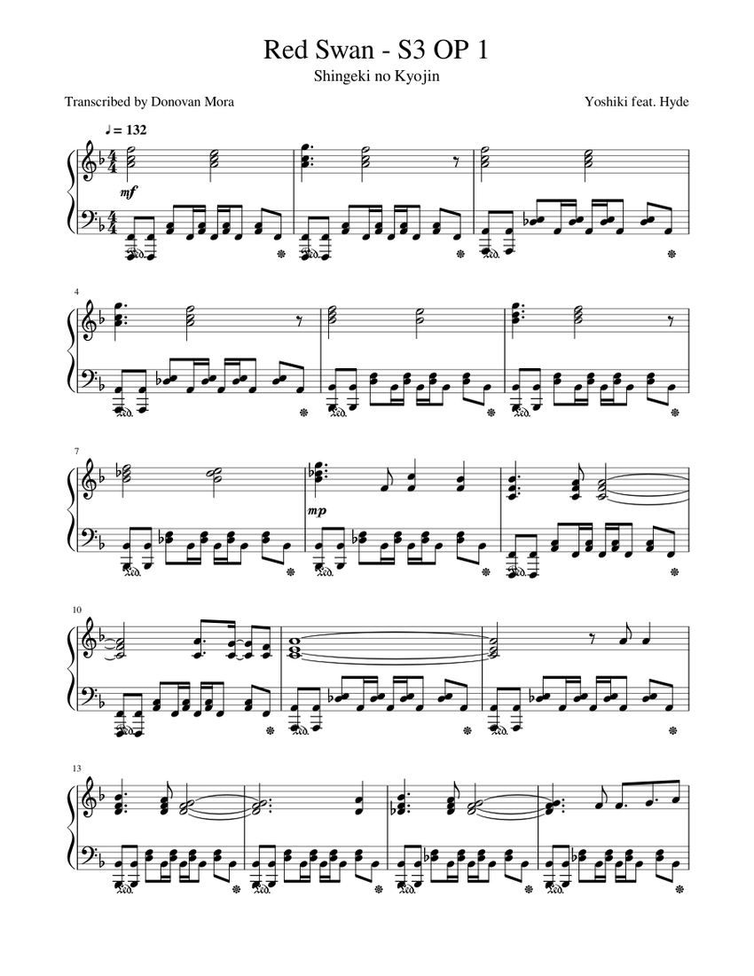 Shingeki no Kyojin S3 - Red Swan Sheet music for Piano (Solo