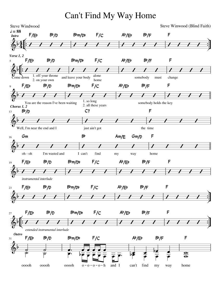 Can't Find My Way Home Sheet music for Piano Download free in PDF or