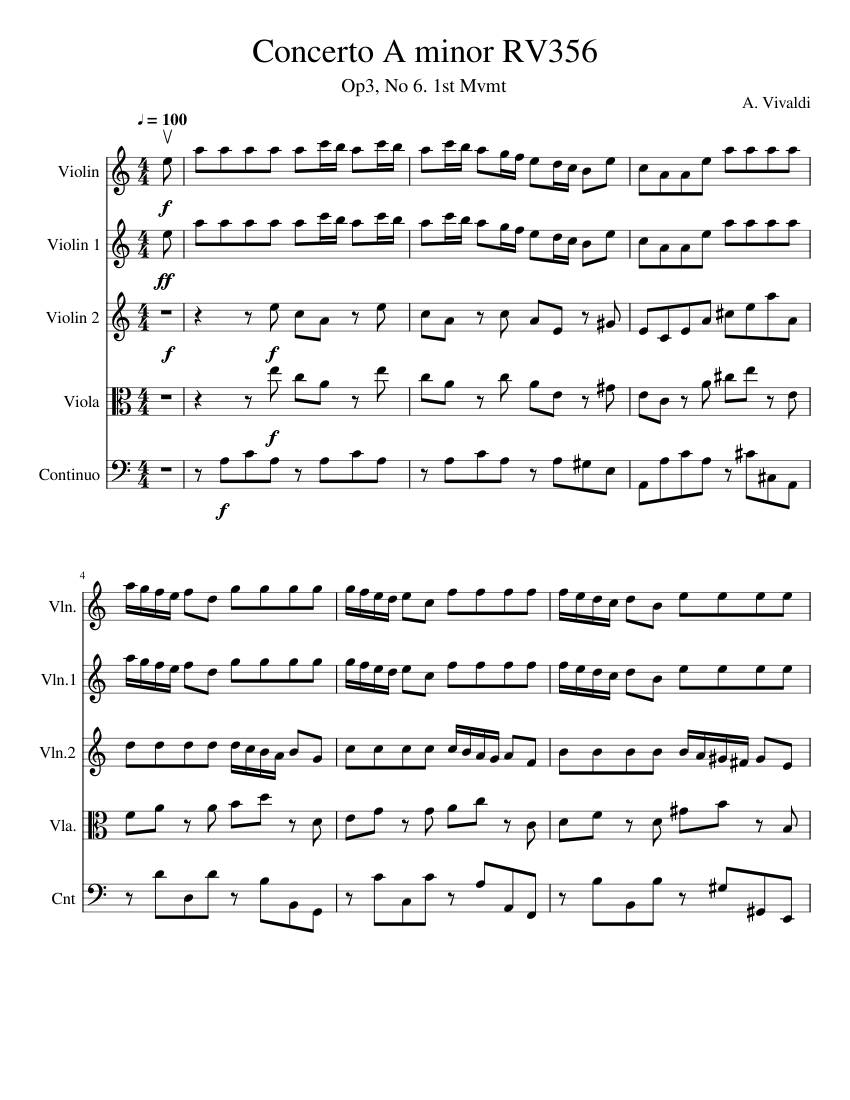 Vivaldi Concerto A minor RV356 Sheet music for Violin, Viola, Cello