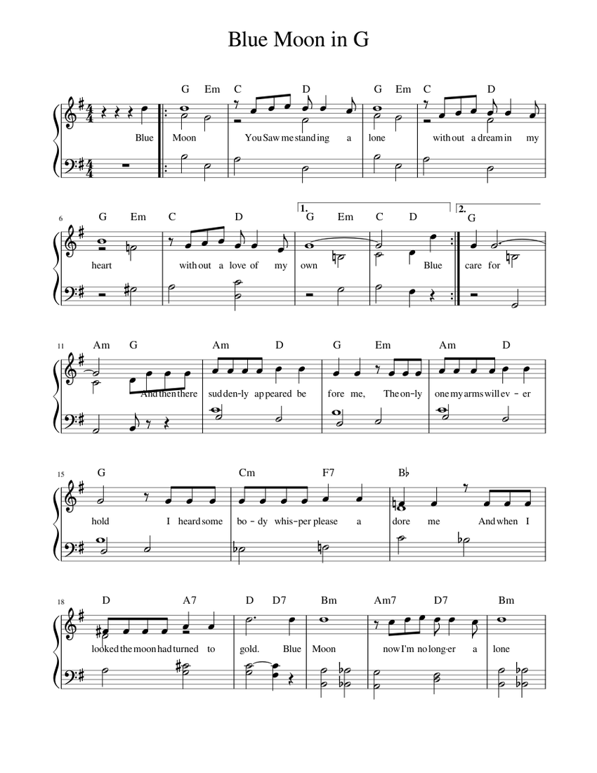 Blue Moon in G Sheet music for Piano (Solo) | Musescore.com
