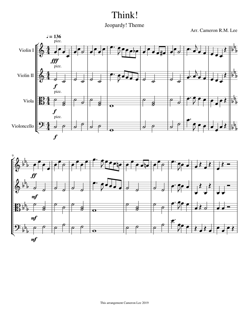 Jeopardy Theme - Pizzicato Ensemble sheet music for Violin, Viola