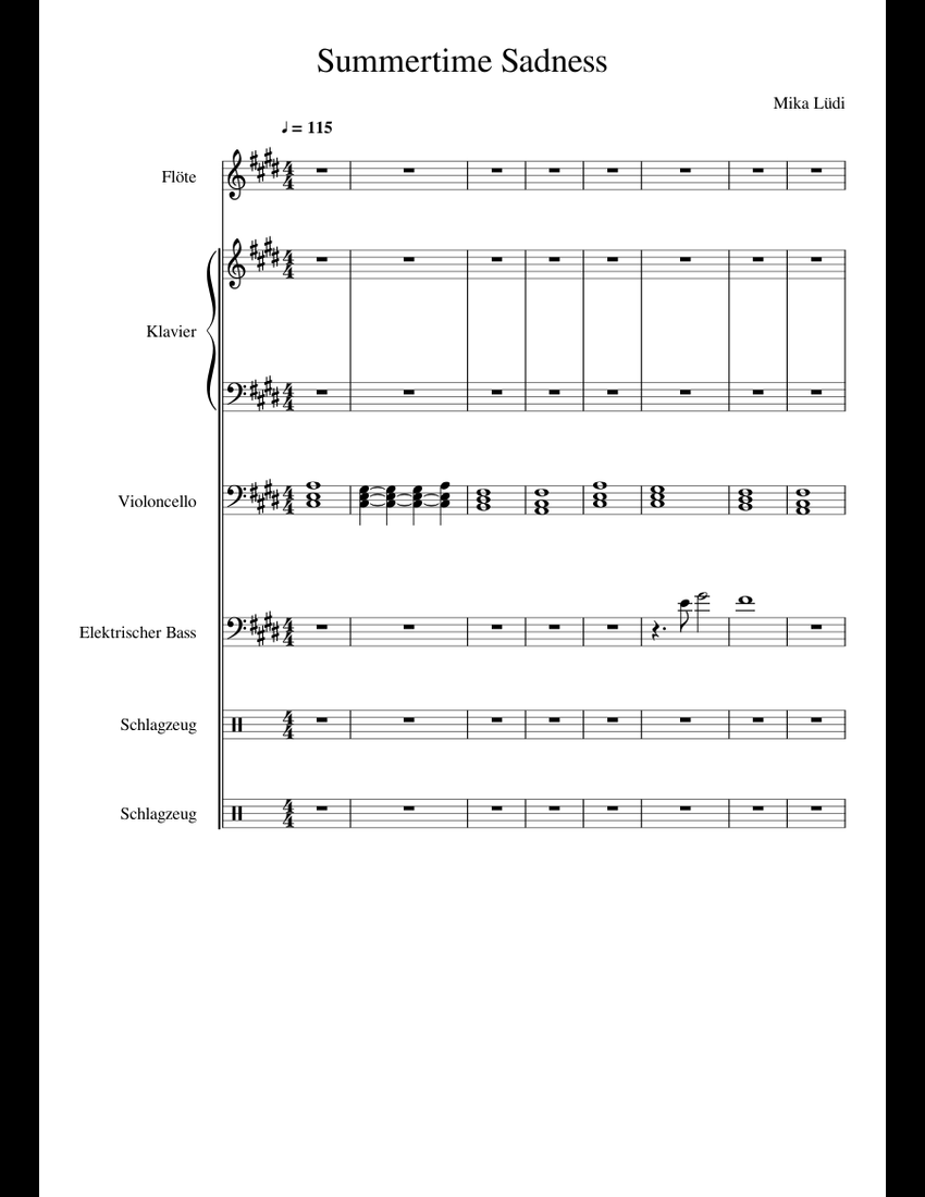 Summertime Sadness by Mika sheet music for Flute, Piano, Cello, Bass