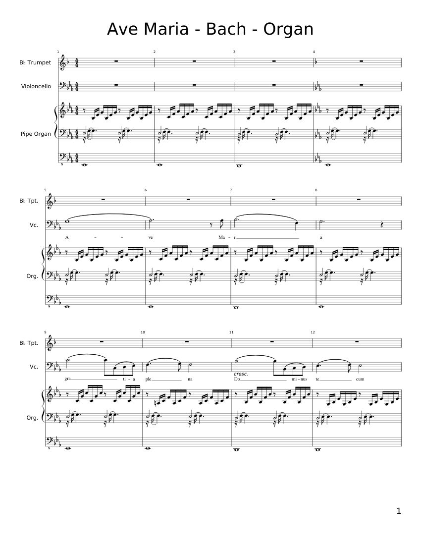 Ave Maria Bach Gounod Organ Cello Trumpet sheet music for Trumpet ...