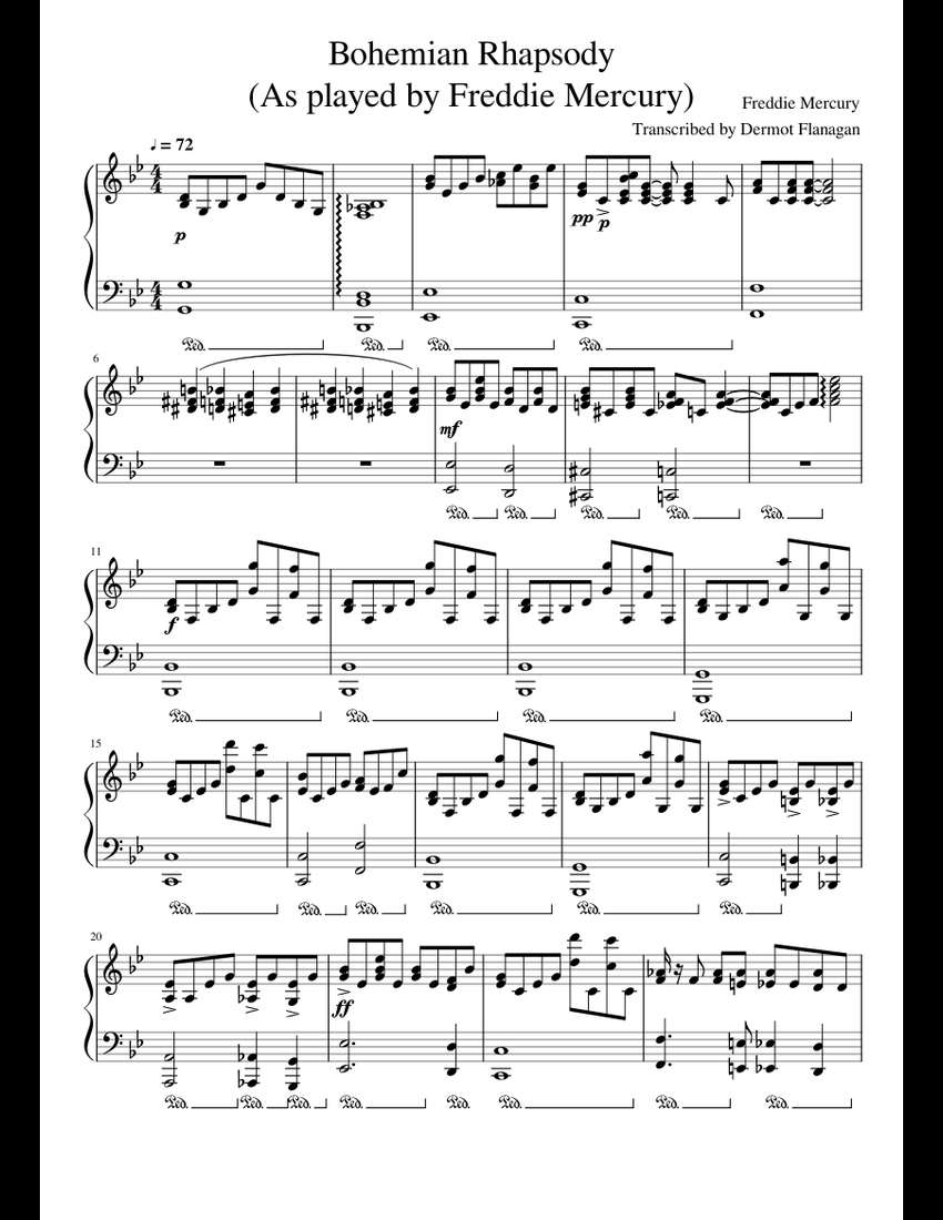 Bohemian Rhapsody (As played by Freddie Mercury) sheet ...
