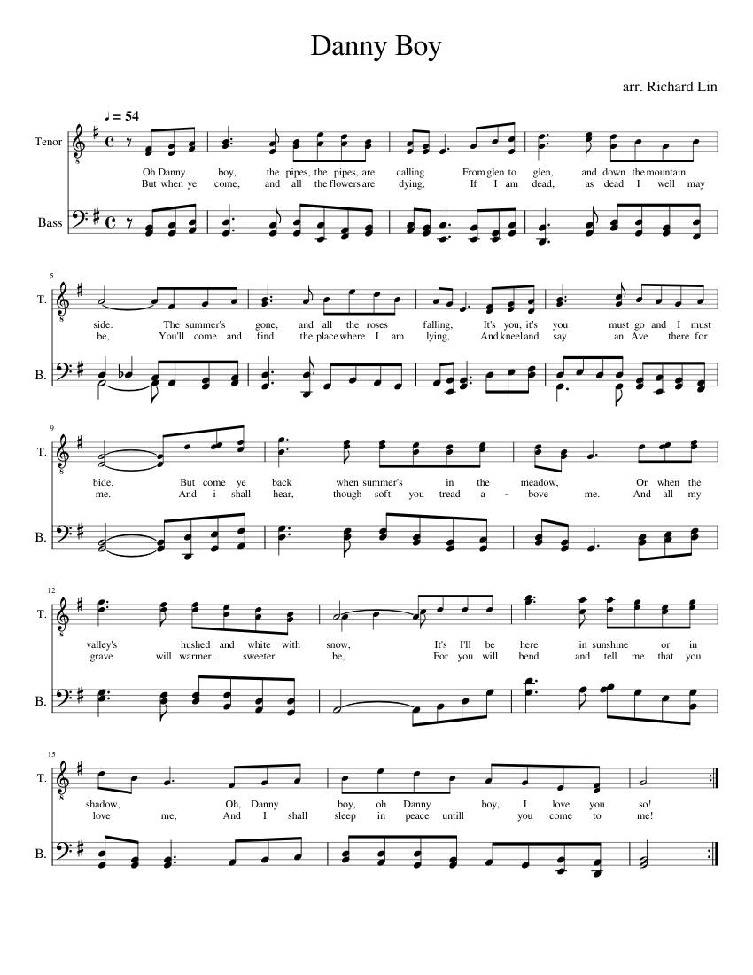 Danny Boy TB in G-major sheet music for Voice download free in PDF or MIDI