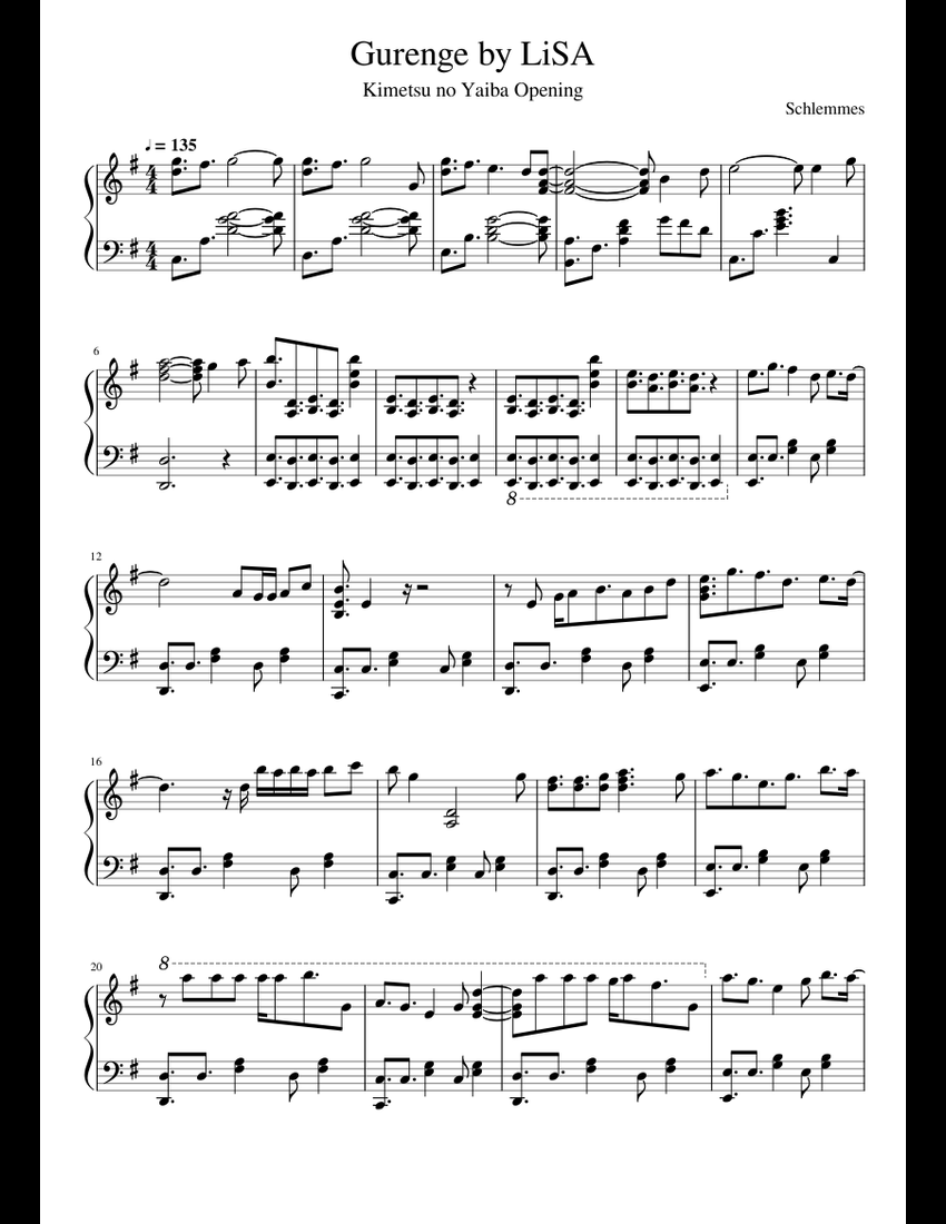 Gurenge by LiSA sheet music for Piano download free in PDF or MIDI