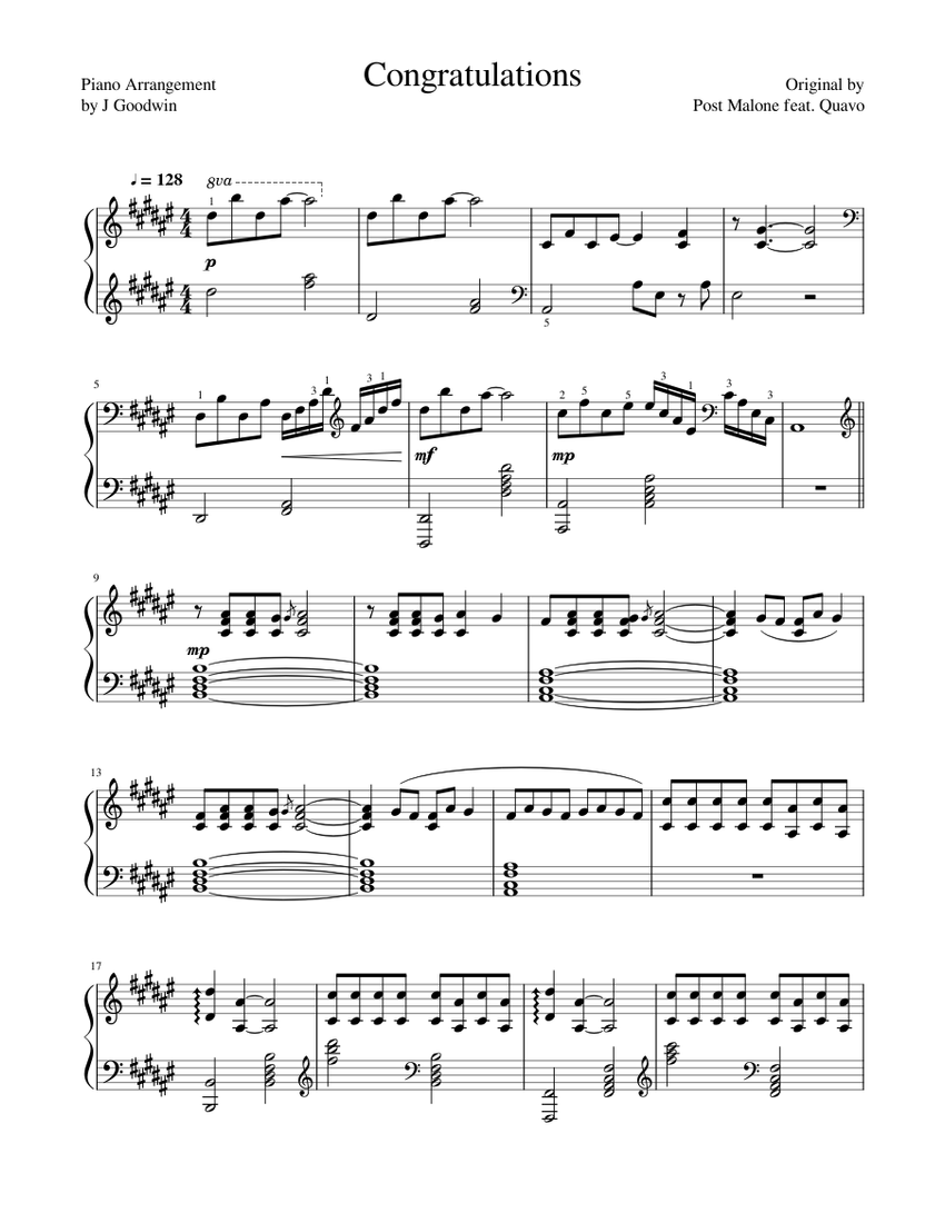 Congratulations - Post Malone feat. Quavo Sheet music for Piano