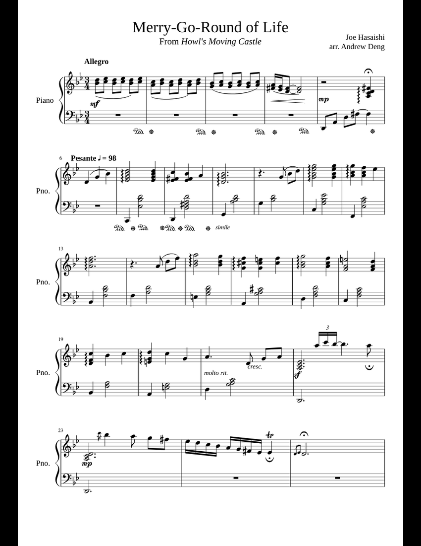 Merry Go Round of Life (Howl's Moving Castle) sheet music for Piano