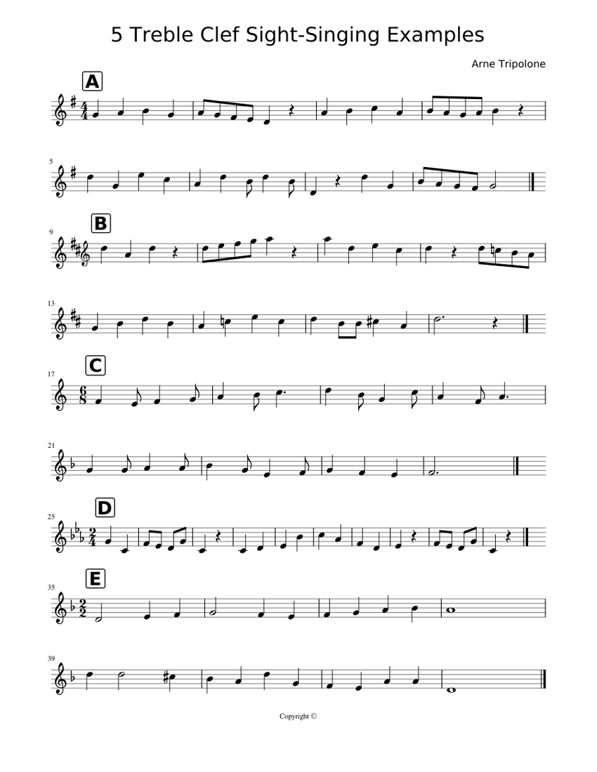 5 treble clef sight singing examples sheet music for piano download