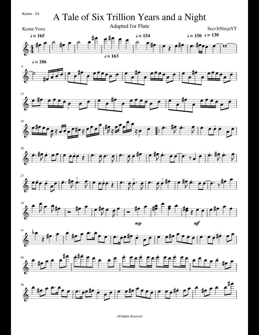 A Tale Of Six Trillion Years And A Night Lyrics A Tale of Six Trillion Years and a Night Flute Adaptation Kemu IA sheet