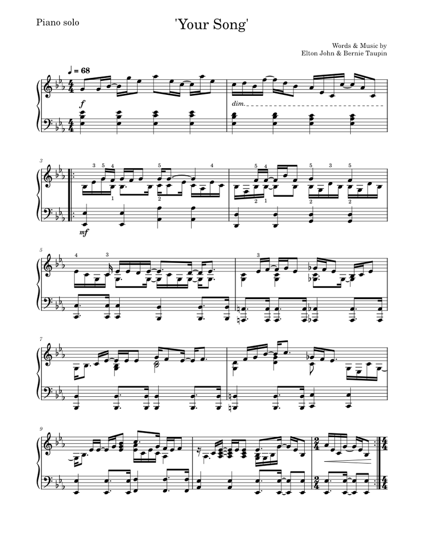 'Your Song' Piano sheet music for Piano download free in ...