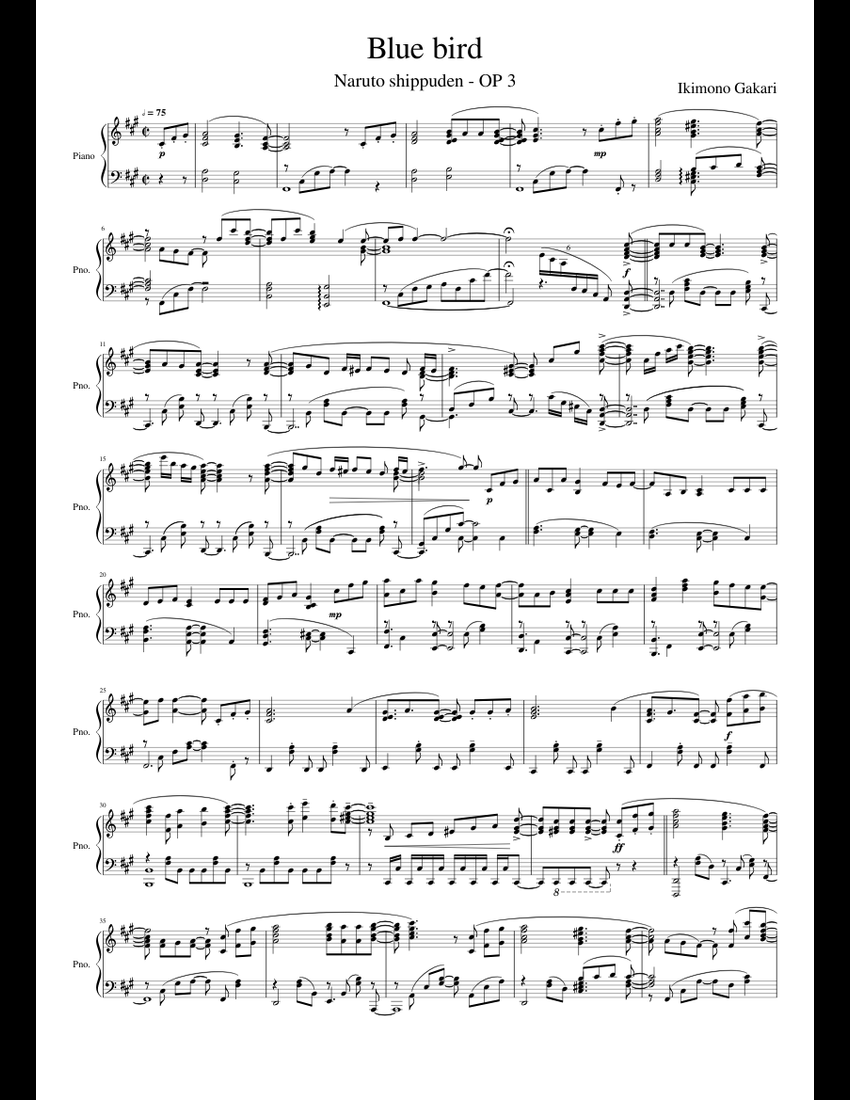 Blue bird, Naruto Shippuden - op 3 sheet music for Piano ...