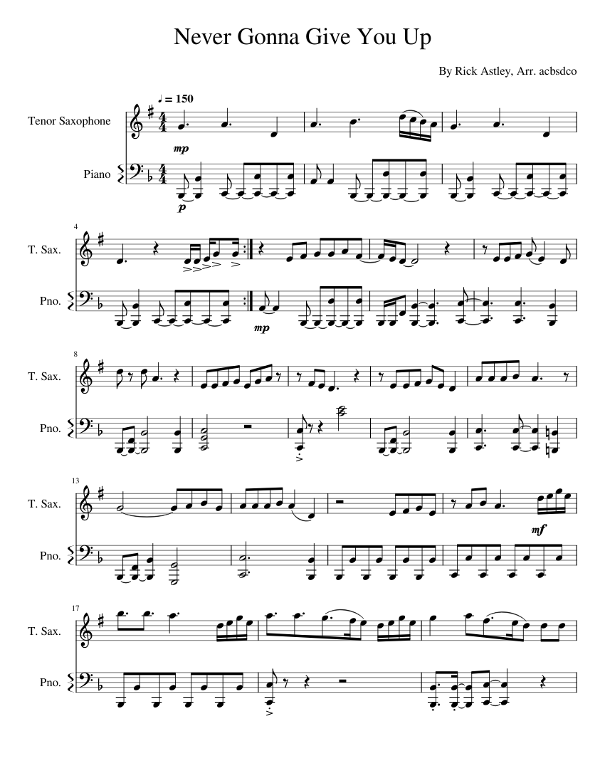 Never Gonna Give You Up - Tenor Sax + Piano Version sheet music for
