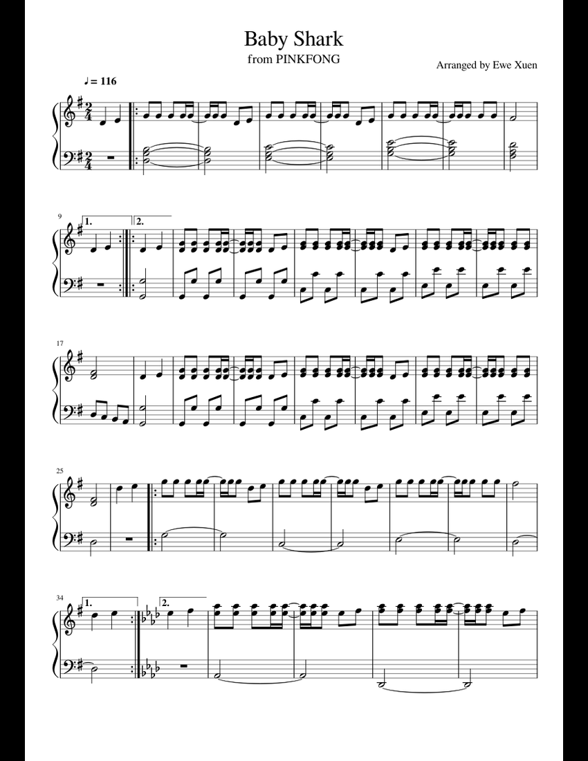 Baby Shark sheet music for Piano download free in PDF or MIDI