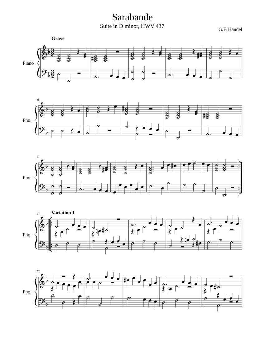 Sarabande - Georg Friedrich Händel Sheet music for Piano (Solo ...