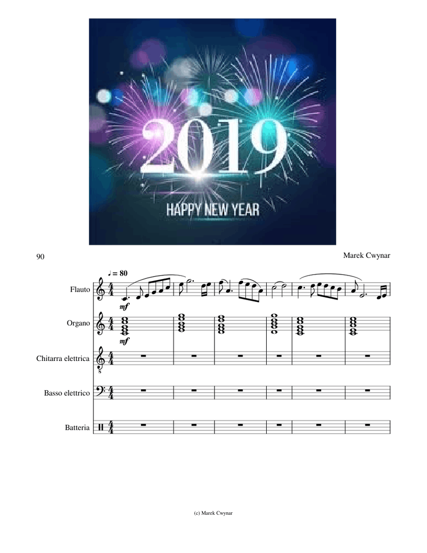 Happy new year stave preview Happy New Year Sheet music for Flute, Drum Group, Guitar, Bass & more