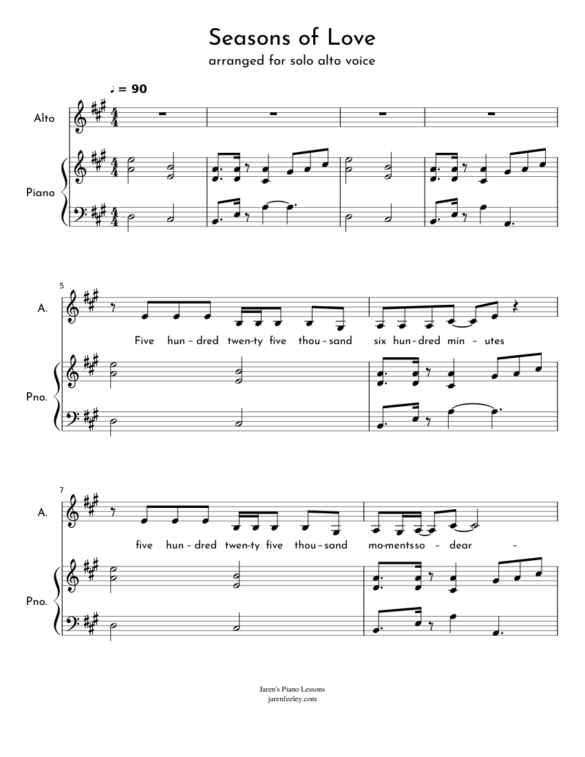 Seasons of Love (intermediate) (alto voice) Sheet music for Piano ...