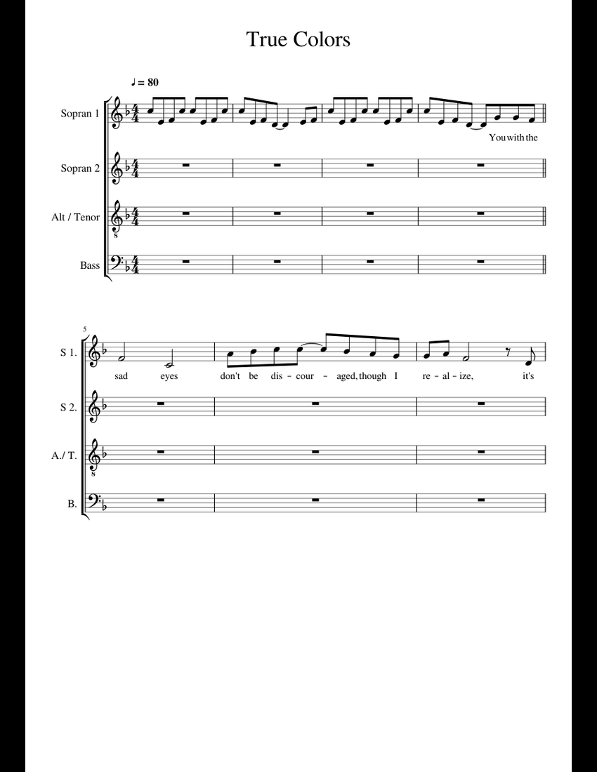 True Colors sheet music for Piano download free in PDF or MIDI