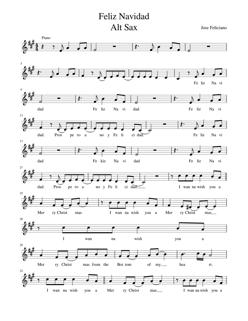 Feliz Navidad Alt Sax Sheet music for Piano (Solo) | Musescore.com