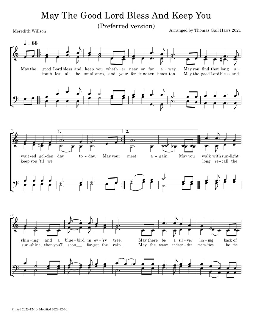 May The Good Lord Bless And Keep You Sheet Music For Female Male A May the good lord bless and keep you sheet music for female male a