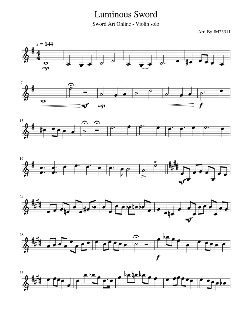 Luminous Sword from Swords Art Online Violin Solo Sheet music for