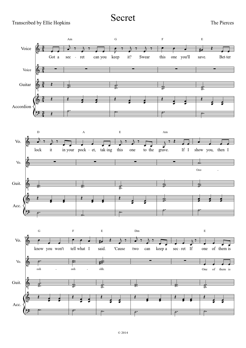 The Pierces - Secret (pretty little liars) sheet music download free in ...