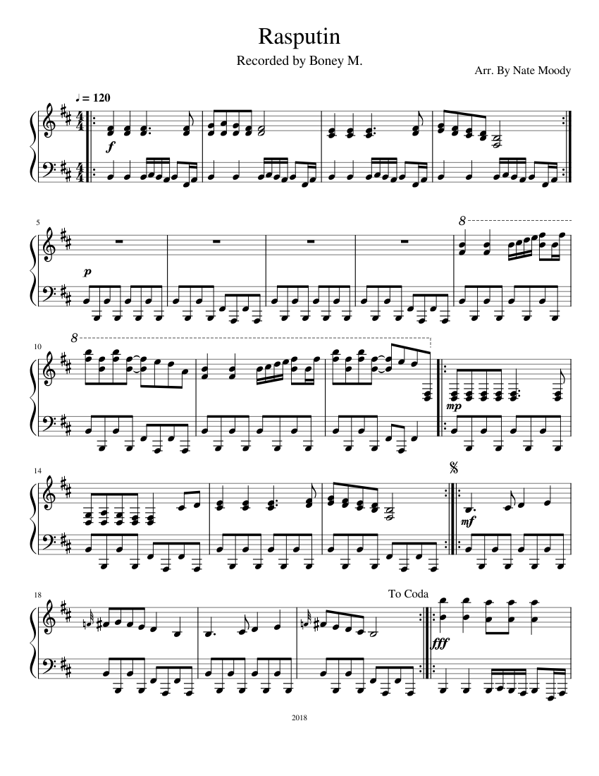 Rasputin sheet music for Piano download free in PDF or MIDI