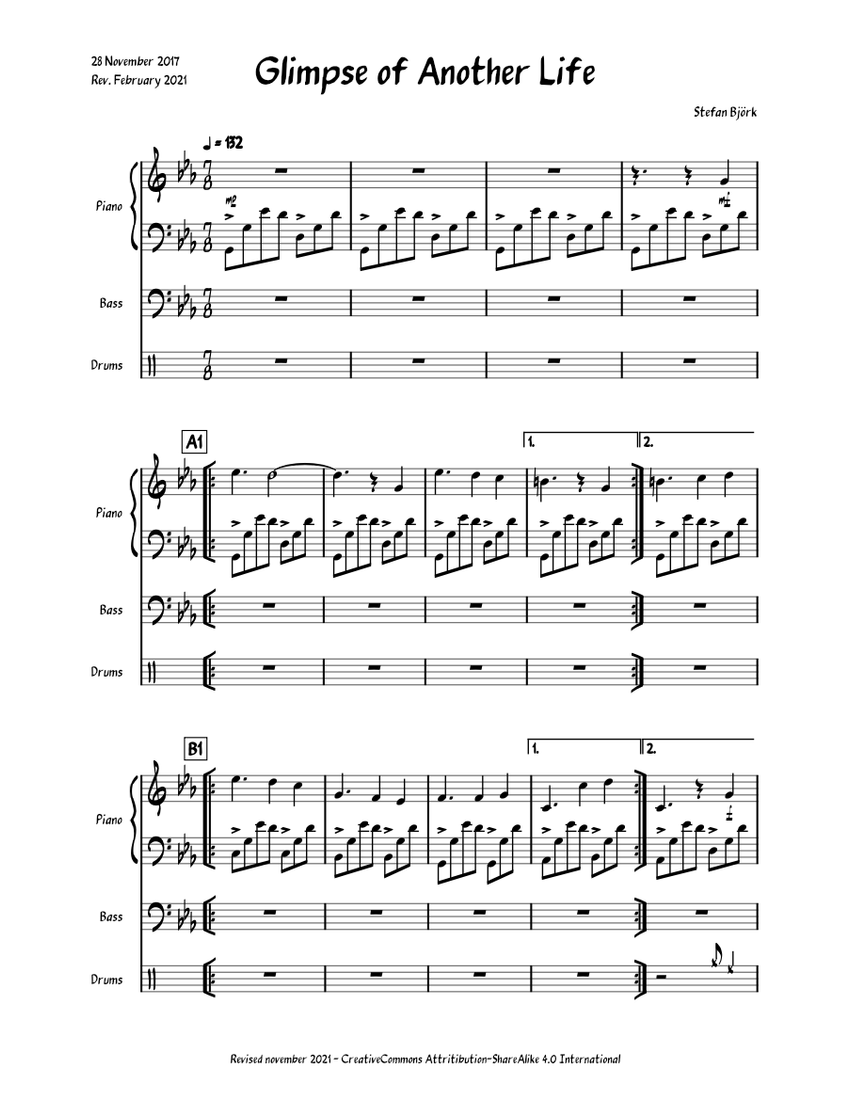 Glimpse of Another Life sheet music for Piano, Bass, Percussion
