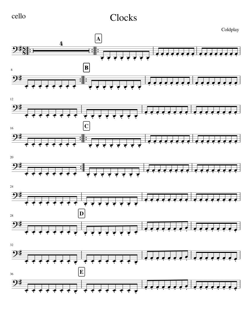 Clocks coldplay scord cello clocks Sheet music for Cello (Solo