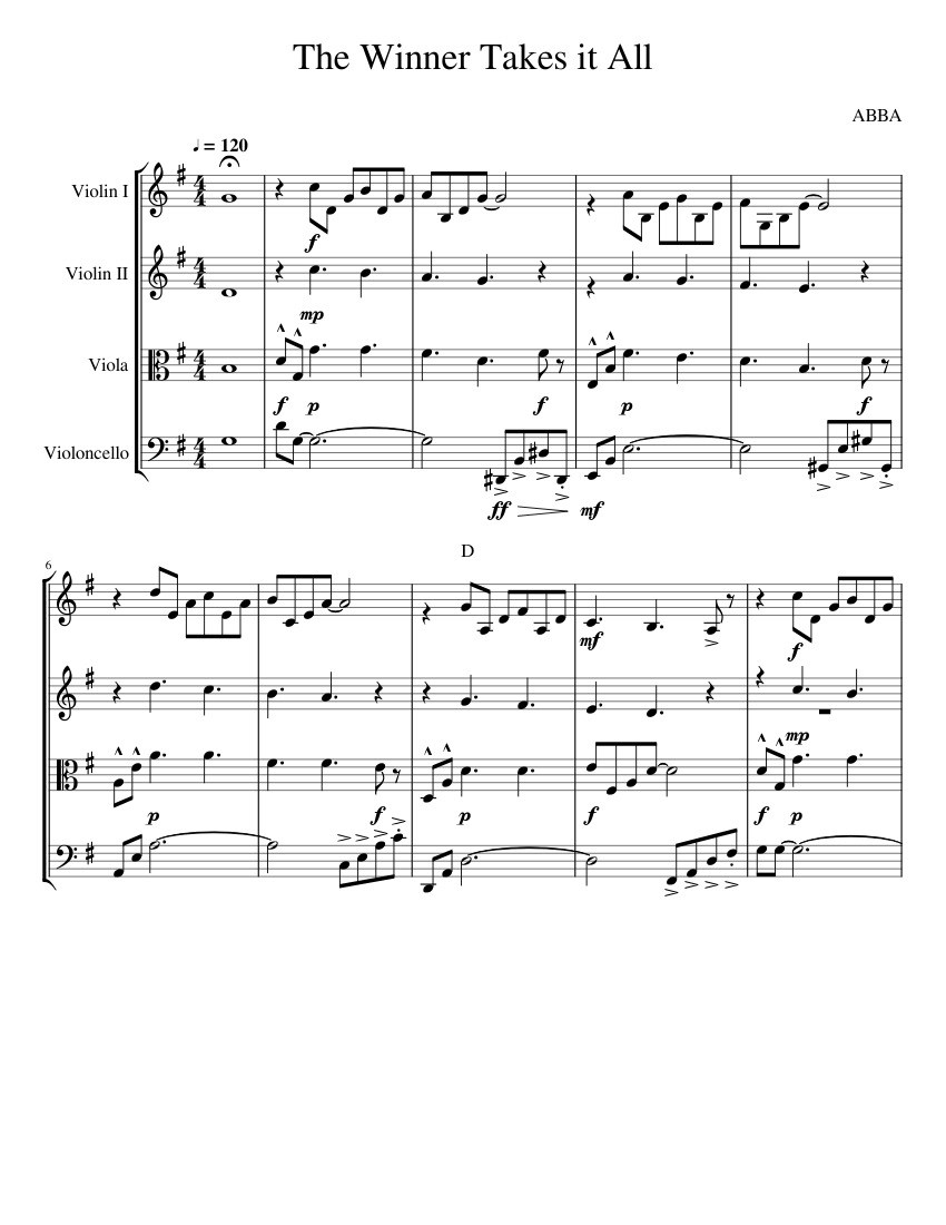 The Winner Takes It All By Abba For String Quartet Sheet Music For Violin Viola Cello
