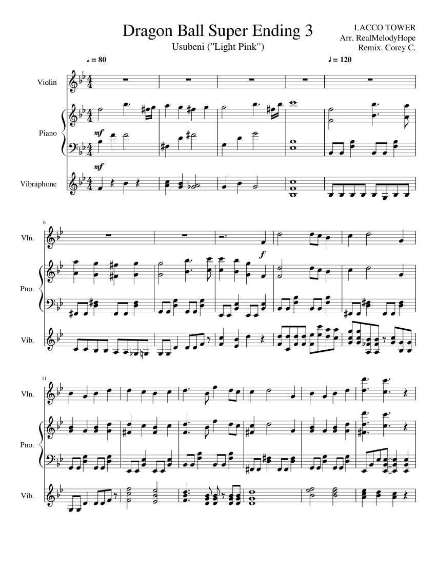 Dragon Ball Super Ending 3 sheet music for Violin, Piano, Percussion
