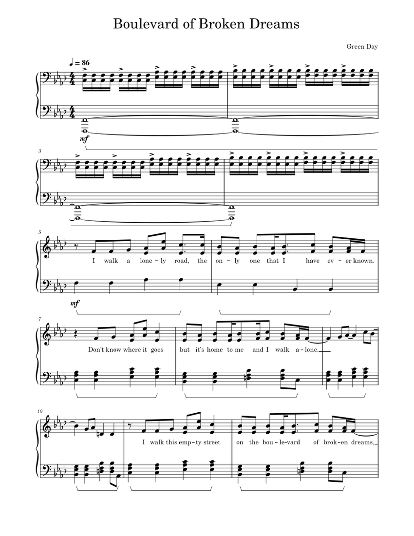 Boulevard of Broken Dreams - Green Day - Piano sheet music for Piano