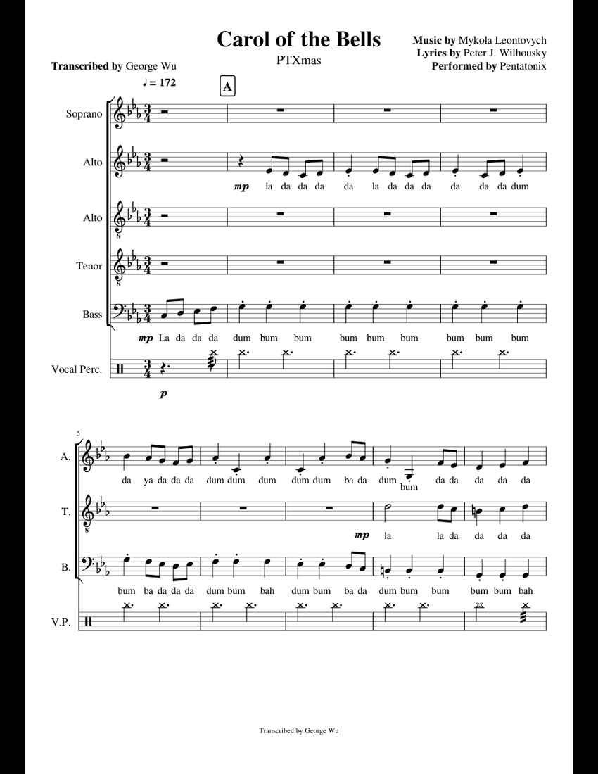 Carol of the Bells - Pentatonix (Full Sheet Music w/ Lyrics) sheet music for Bass, Percussion ...