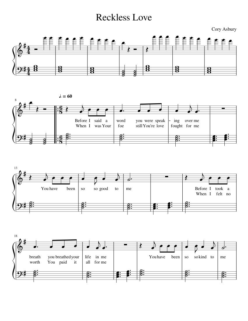 Reckless Love Sheet Music For Piano Solo 