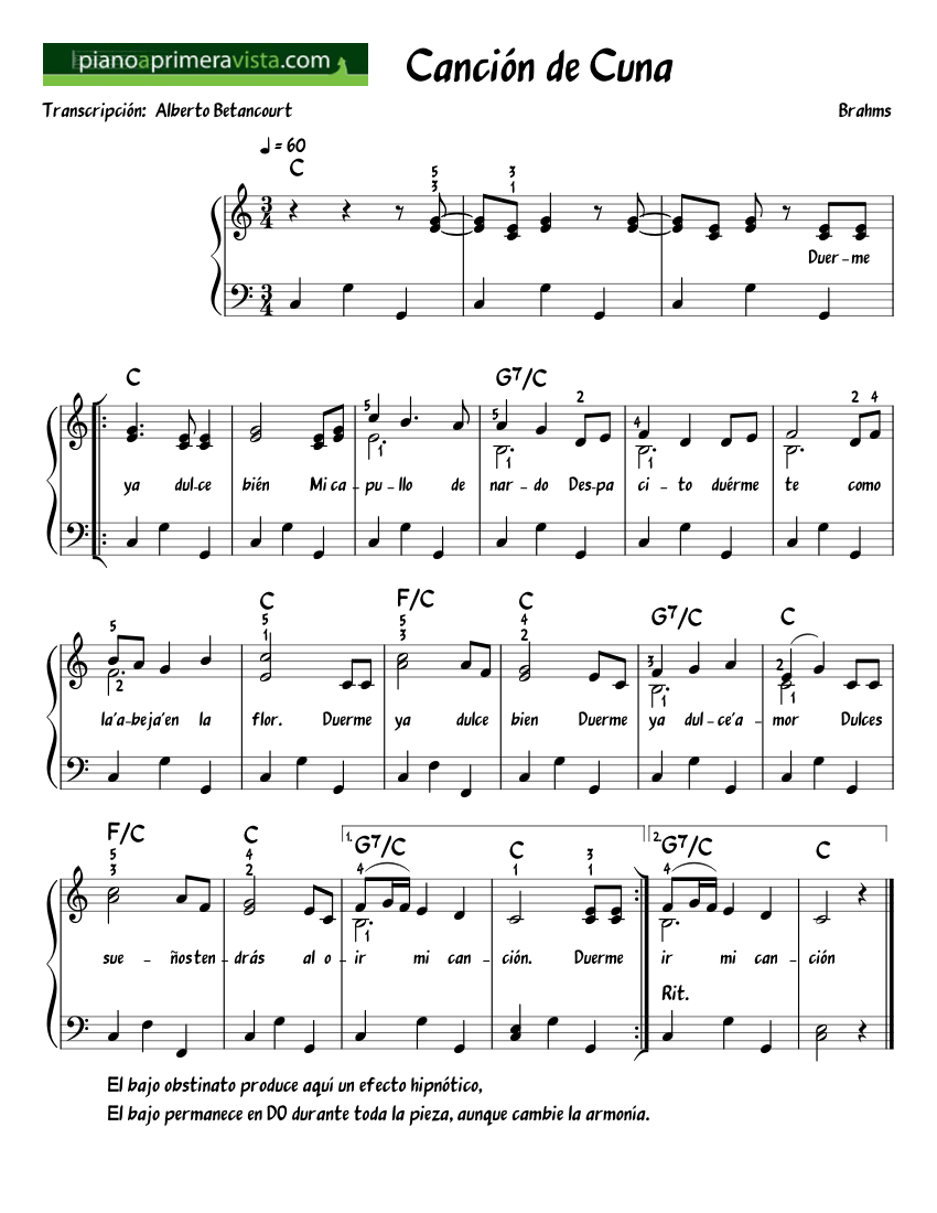 Canción de Cuna - Brahms sheet music for Piano download free in PDF or MIDI