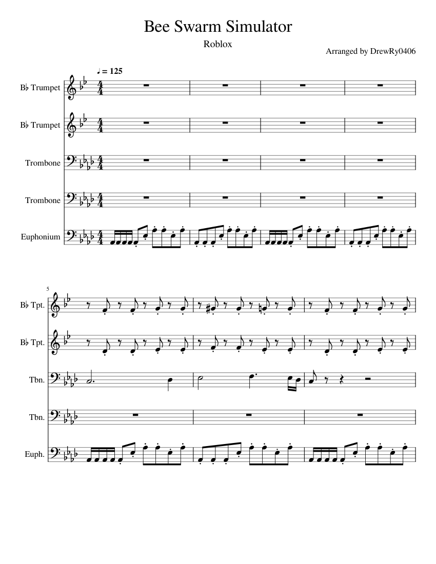 Bee Swarm Simulator Sheet Music For Trumpet In B Flat Trombone Euphonium Mixed Quintet Musescore Com - roblox simulator song
