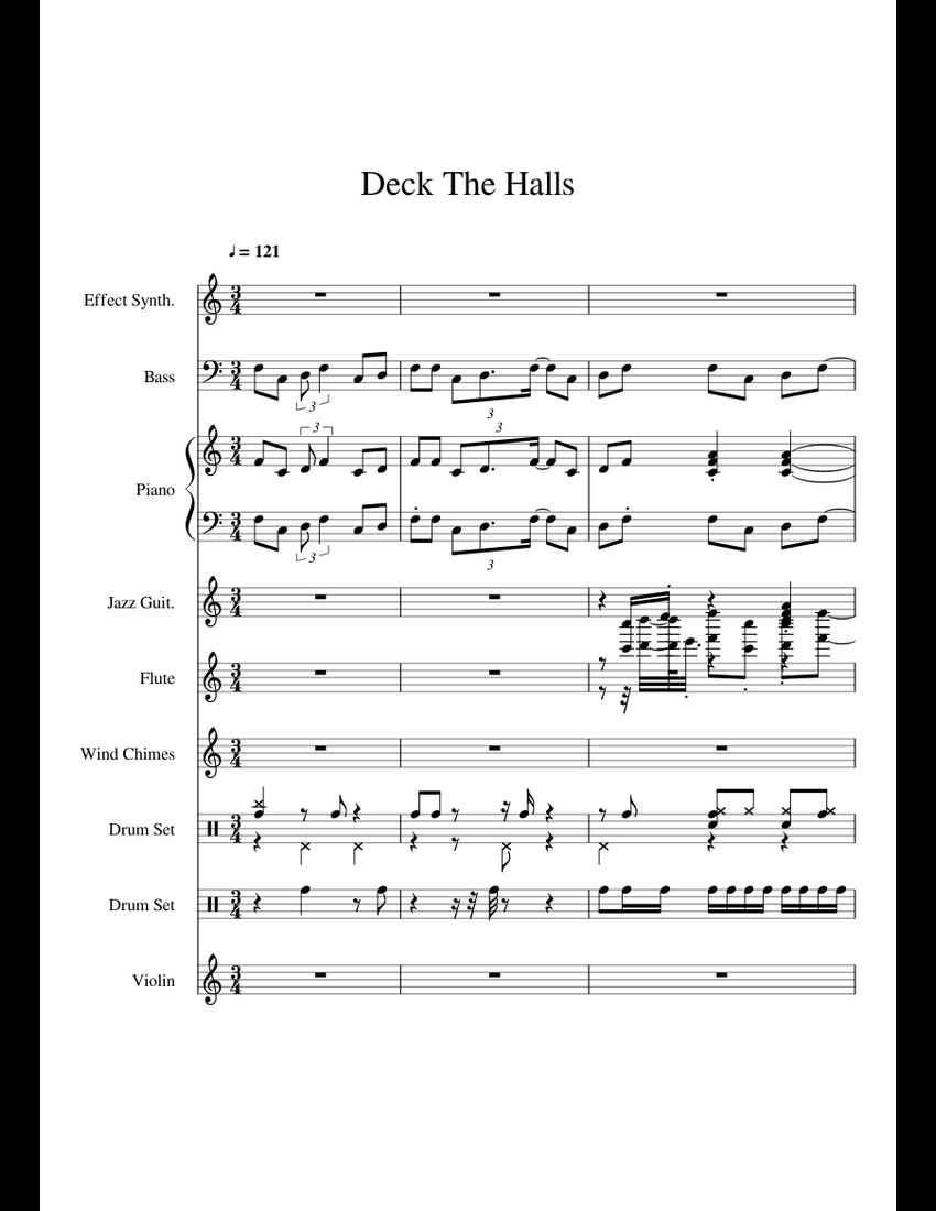 Deck The Halls sheet music for Piano, Flute, Synthesizer, Bass download